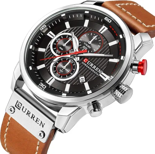 Miniatura 2 de Reloj deportivo con cronógrafo para hombre, correa de cuero marrón, reloj de cuarzo, reloj de pulsera casual para hombre, Completo negroacero.