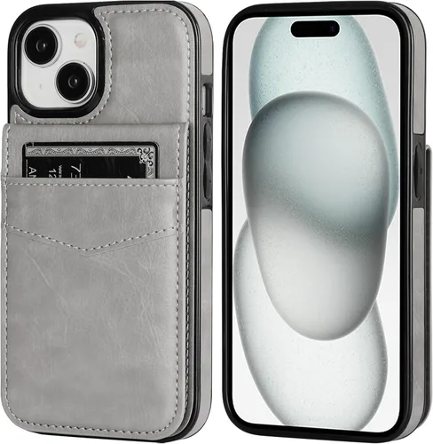 Miniatura 3 de KIHUWEY Funda compatible con iPhone 15 con soporte para tarjeta de crédito, cierre magnético de cuero de alta calidad, función atril, funda Gris