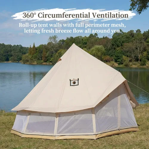 Miniatura 4 de Tienda de campaña Bell Yurt con gato de estufa, tienda de campaña de lujo impermeable para 4 estaciones, tela Oxford 420D, tiendas de campaña verde