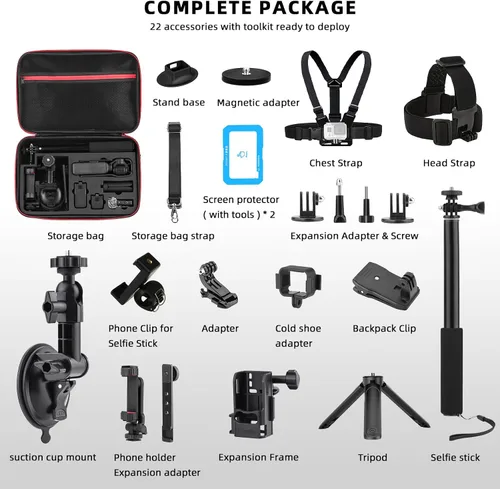 Miniatura 8 de BRDRC Kit de 22 accesorios en 1 de bolsillo, incluyendo estuche duro, soporte de succión para automóvil, trípode, base magnética, base