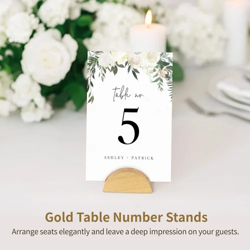 Miniatura 2 de Paquete de 50 soportes para números de mesa, pequeños tarjeteros de madera, elegante diseño medio redondo para tarjetas de identificación, Oro