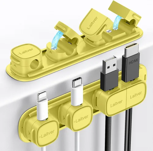 Miniatura 9 de Paquete de 6 clips magnéticos para cables [apertura/bloqueo en 1s], organizador y sujetador de cables Laitver con adhesivo fuerte para escritorio