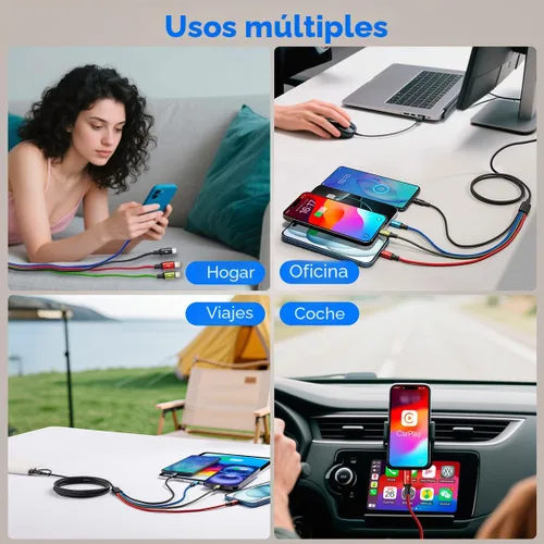 Miniatura 8 de Cable de Carga Múltiple 6 en 1, Paquete de 2 Cables Cargadores Múltiples de 6 Pies para Todos los Dispositivos Cable Trenzado USB A/C a