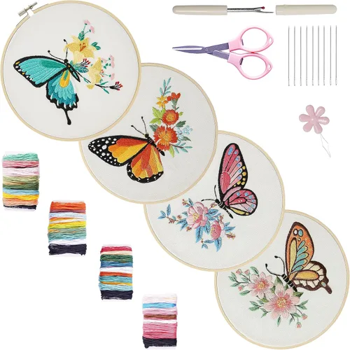 Miniatura 9 de Bonroy 4 juegos de kit de bordado para principiantes de manualidades artísticas de costura fácil incluye ropa de bordado con patrón, aro, manual