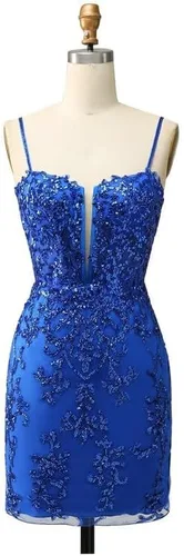 Miniatura 4 de Vestidos ajustados de encaje de lentejuelas para adolescentes, tirantes delgados, cuello en V, vestido corto de graduación, mini vestido de cóctel