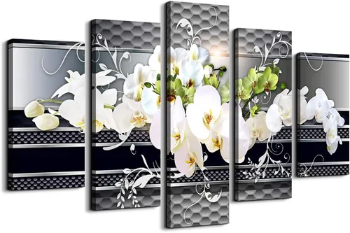 5 Piezas de decoración de pared, lienzo artístico para sala de estar, imagen de mariposa, orquídea, flores, contemporáneo, negro, blanco, Pintura de