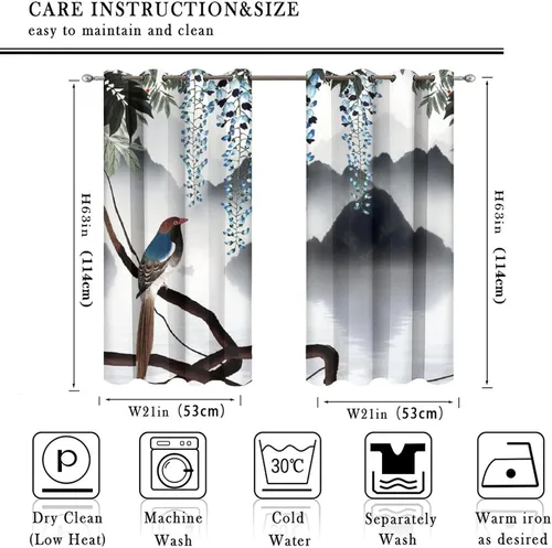 Miniatura 2 de Cortinas opacas para oscurecer la habitación con ojales, diseño de flores japonesas con ojales, arte retro de primavera y ramas florales, arte