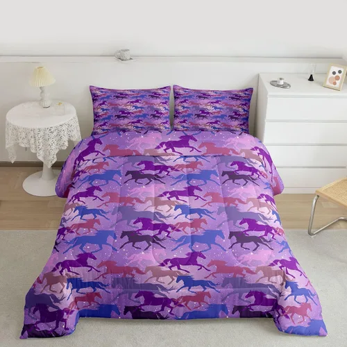 Miniatura 11 de Feelyou Juego de edredón tamaño individual con diseño de caballo y cerezo en flor de galope para niños, adolescentes, edredón occidental, decoración