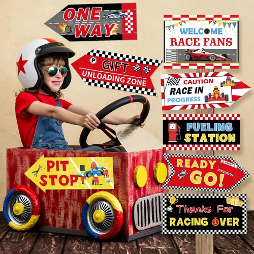 Miniatura 4 de Hooqict 20 piezas de decoración de fiesta de coche de carreras, letreros direccionales para fiestas de coches de carreras, suministros de fiesta