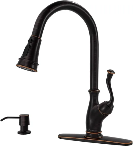 Miniatura 14 de APPASO Grifo de cocina de bronce con dispensador de jabón, grifo de fregadero de bronce frotado con aceite para cocina, grifo de fregadero de cocina