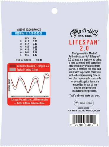Miniatura 2 de Cuerdas de guitarra acústica auténticas Martin, con tratamiento Lifespan 2.0, calibre medio, 80/20 de bronce