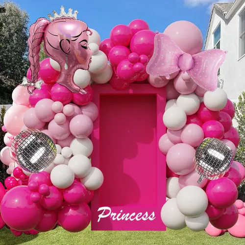 Miniatura 6 de Juego de globos de aluminio rosa princesa, 5 globos de lazo rosa, lámina de muñeca de corona y globos de corazón para maquillaje, cumpleaños