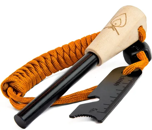 Texas Bushcraft Arrancador de fuego, varilla de ferro de 3/8 pulgadas de grosor con golpeador y cordón de muñeca de paracaídas, encendedor de