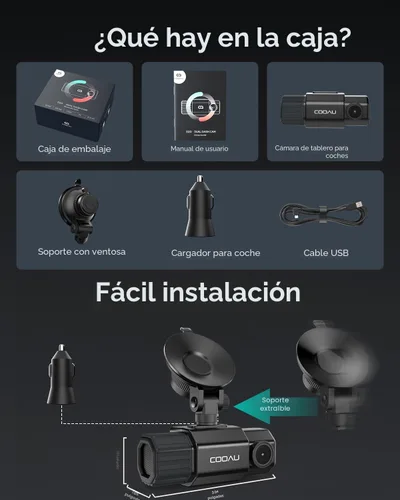 Miniatura 8 de COOAU Cámara de tablero dual 2.5K+1080P, cámara de tablero frontal e interior, GPS y WI-FI integrados, cámara de tablero para automóviles, perfecta