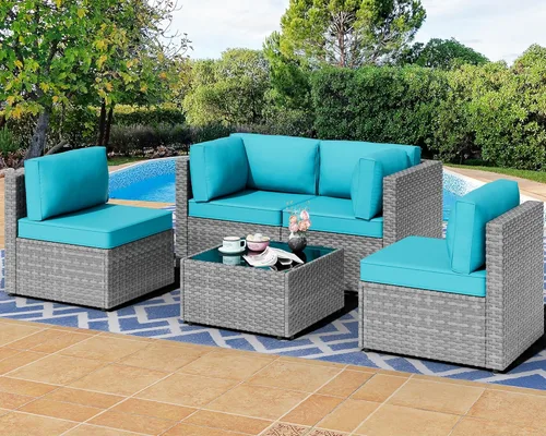 Miniatura 9 de Shintenchi Juego de 5 muebles de patio al aire libre, sofá seccional de patio, muebles de mimbre de polietileno gris, juegos de conversación