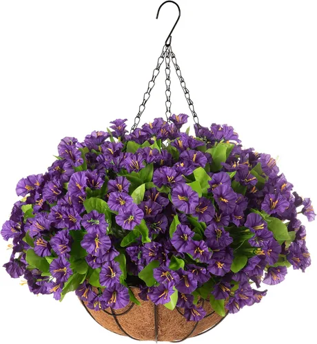 Miniatura 12 de Flores colgantes artificiales con cesta para exteriores, petunias sintéticas, plantas colgantes falsas con eucalipto, resistentes a los rayos UV