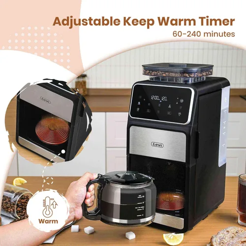 Miniatura 4 de Gevi Cafetera de goteo de 10 tazas con molinillo integrado, máquina de café combinada de moler y preparar rebabas con pantalla táctil, programable