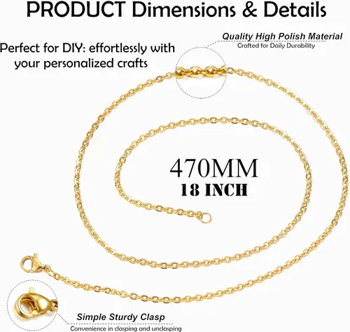Miniatura 2 de Paquete de 24 cadenas de collar chapadas en oro de acero inoxidable a granel para fabricación de joyas, 18 pulgadas