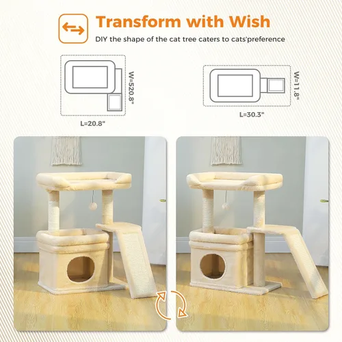 Miniatura 3 de PEQULTI Torre de árbol para gatos pequeños para gatos adultos grandes con percha superior ancha, condominio privado para gatos y poste rascador