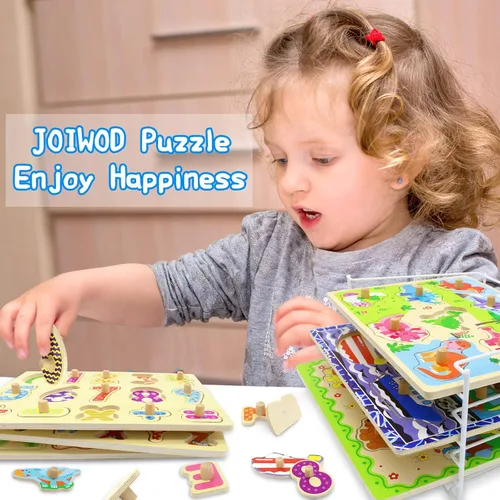 Miniatura 6 de Rompecabezas de madera para niños pequeños de 1 a 3: 6 rompecabezas del alfabeto y números con perillas y soporte de rompecabezas de alambre
