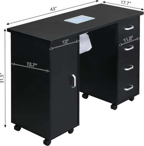Miniatura 5 de Winado Estación de mesa de manicura para uñas, escritorio de uñas de spa con ventilación eléctrica de corriente descendente, ruedas de bloqueo, Negro