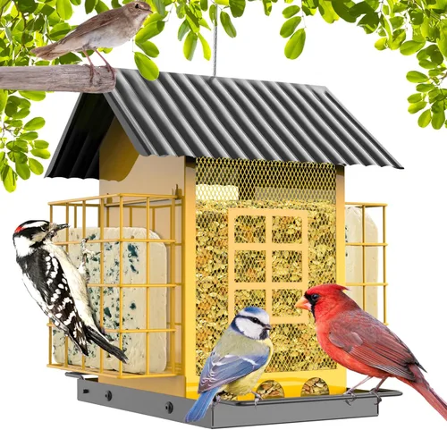 Miniatura 9 de FlowaFoli Comederos para pájaros para colgar al aire libre, comedero de metal para pájaros con doble jaula de sebo para pasteles, gran capacidad