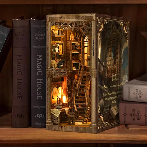 Miniatura 7 de ISSEVE Kit de Rincón de Libros, Rompecabezas de Madera 3D DIY Casa de Muñecas Booknook para Adultos, Kit de Casa en Miniatura Diminuta Decoración