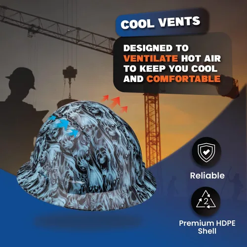 Miniatura 6 de Casco de construcción OSHA de ala completa con diseño de tatuaje/calavera, acabado mate, con suspensión de 6 puntos Dinero y Mieles