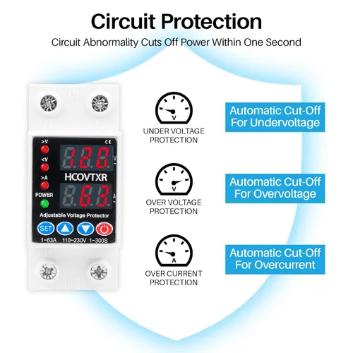 Miniatura 8 de Interruptor de Circuito Inteligente 110V, Corte de Baja Tensión de 1~63 Amp, Interruptor de Corriente AC Ajustable para Sistemas Solares (Negro)