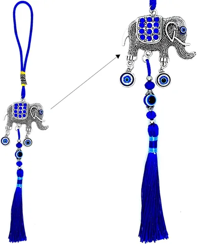 LUCKBOOSTIUM Adorno único y elegante de elefante feliz con cristal azul y borla colgante de protección espiritual para la salud y la buena suerte