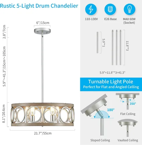 Miniatura 2 de XINGQI Candelabro de tambor de 21.7 pulgadas, lámpara de comedor de granja, iluminación de cocina de níquel cepillado de grano de madera, 5 luces