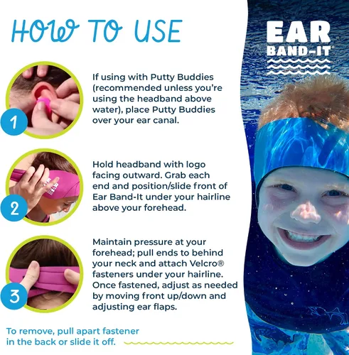 Miniatura 8 de Vinchas de natación EAR BAND-IT, tamaño PEQUEÑO (de°1°a°3°años), inventado por un médico. Mantiene el agua fuera y los tapones de oído en su lugar.