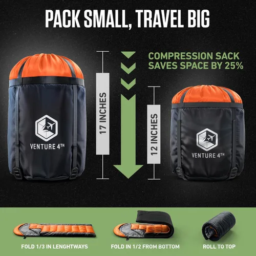 Miniatura 6 de VENTURE 4TH Saco de dormir para mochileros – XXL, tamaños dobles e individuales – Saco de dormir ligero para clima cálido y frío para adultos, niños