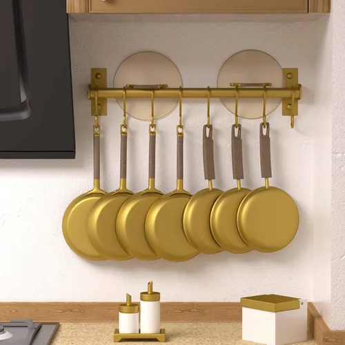 Miniatura 2 de Dseap Soporte Colgante para Utensilios de Cocina, Estante para Ollas y Sartenes Montado en la Pared, Riel de Cocina con 8 Ganchos para Colgar Dorado