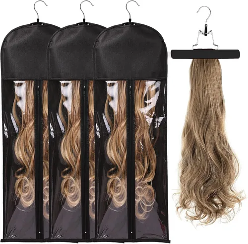 Miniatura 11 de 3 piezas de bolsa de almacenamiento extralarga para pelucas con colgador de madera, bolsa de almacenamiento para extensiones de cabello con Rosa Hot