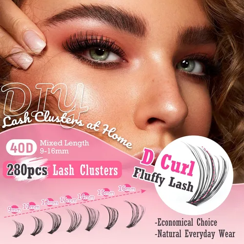 Miniatura 4 de Focipeysa Kit de Extensión de Pestañas D Curl Clusters de Pestañas 280pcs Kit de Extensión de Pestañas DIY 40D Pestañas Individuales con Adhesivo