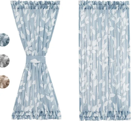 Miniatura 10 de Treatmentex Paneles de puerta francesa con luz lateral azul y blanca de 40 pulgadas de largo, estampado de hojas largas, cortinas de ventana