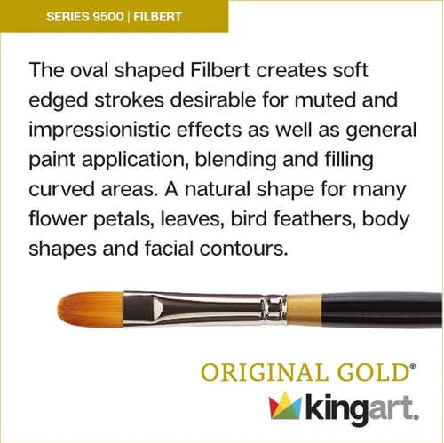 Miniatura 2 de KINGART Cepillo para artista de la serie FILBERT Original Gold 9500-0, pelo sintético Taklon dorado, mango corto, para acrílico, acuarela, pintura