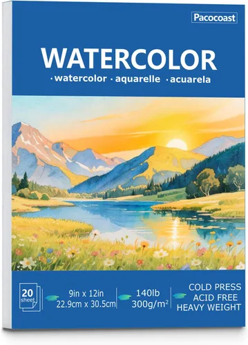 Pacocoast Bloc de papel de acuarela, 9 x 12 pulgadas (300 gsm/140 libras) de prensa en frío, cuaderno de bocetos de color de agua, 20 hojas.