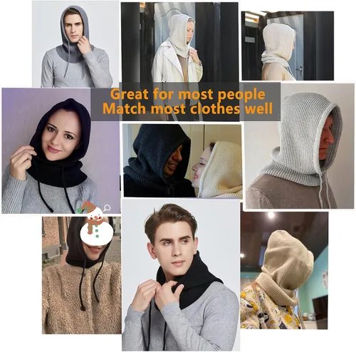 Miniatura 5 de Facecozy Sombreros de invierno para mujer, gorro cálido con capucha para mujer, pasamontañas, gorro de punto con cordón