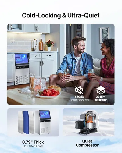Miniatura 5 de VEVOR Máquina comercial para hacer hielo, 130 libras/24 horas con almacenamiento de 33 libras, 45 cubos por ciclo, acero inoxidable independiente
