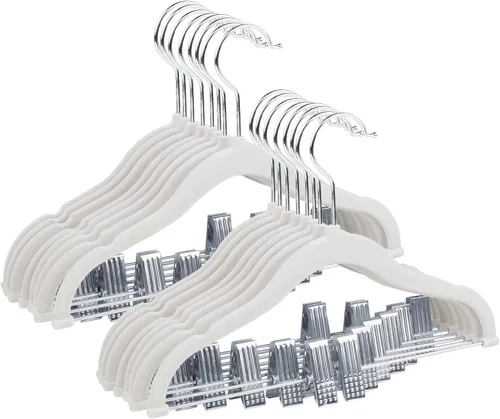 Miniatura 13 de ManGotree Perchas de terciopelo para bebé de 11.8 pulgadas con clips movibles, perchas de fieltro antideslizantes para niños, perchas de ropa