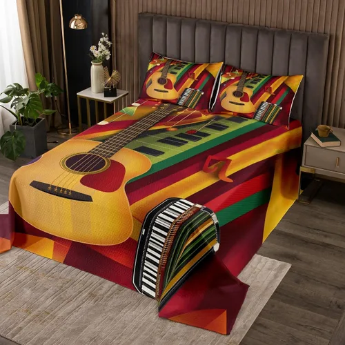 Miniatura 12 de Homewish Colcha de guitarra roja tamaño individual, juego de ropa de cama de música Hip Pop para decoración de habitación de niños y niñas, juego