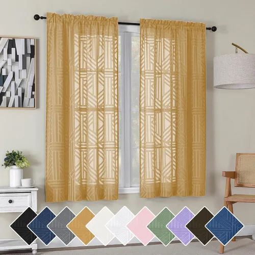 Miniatura 98 de Simplebrand Cortinas traslúcidas negras de cocina de 24 pulgadas de largo, 2 paneles, filtrado de luz, geométrico jacquard con textura, cortinas