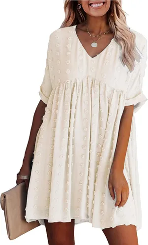 KIRUNDO Vestido corto de manga corta de verano para mujer, vestido casual, suelto y con un cuello en V sexy, vestido holgado de punto suizo para