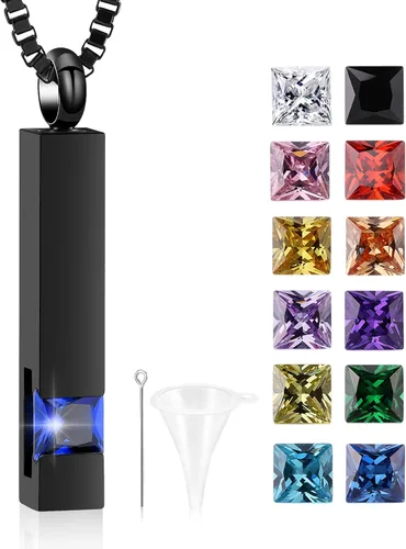 XSMZB Joyería de urna de cremación de cristal, cubo de cenizas conmemorativas, collar colgante de recuerdo, serie de piedra natal negra