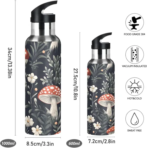 Miniatura 2 de Insulated Stainless Steel Water Bottle with Straw 20 Oz, BPA-Free Sport Water Bottle for Gym Outdoor Travel School, Red Mushrooms White Flowers