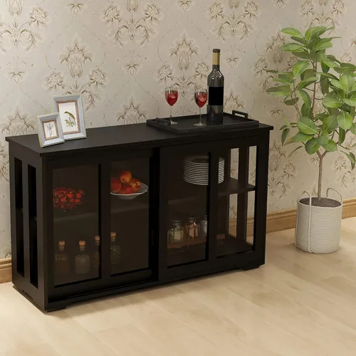 Miniatura 4 de RASOO Aparador de buffet con puerta corrediza de vidrio y estante ajustable, armario de almacenamiento apilable de cocina, muebles antiguos