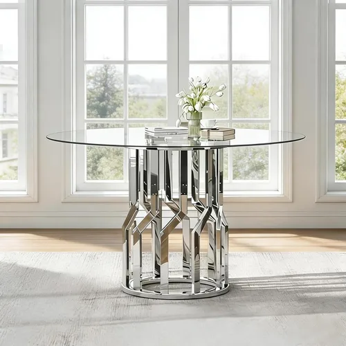 47.2" Round Glass Dining Table for 4-6, Round Glass Kitchen Table with Steel Legs, Modern Dining Table for Dining Room, Kitchen, Home, Cafe,