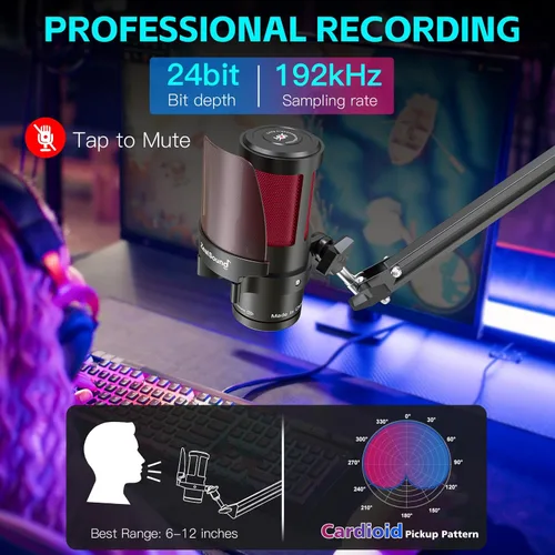 Miniatura 2 de ZealSound Gaming Microphone for PC/Mac/iPhone/Phone – 192kHz/24-bit Podcast Mic with Noise Reduction, Tap-to-Mute, Gain, Monitoring, Boom Arm, Pop